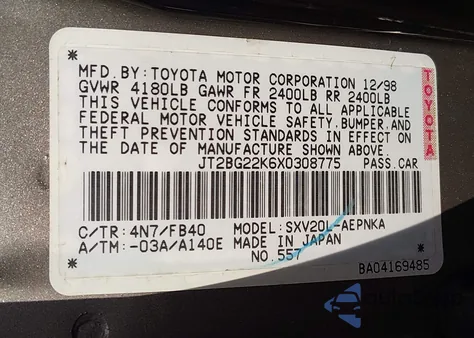 1999 Toyota Camry Le z USA, uszkodzony, nr VIN JT2BG22K6X0308775